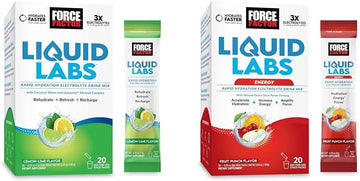 Bundle Of Force Factor Liquid Labs Electrolytes Powder, Hydration Packets To Make Electrolyte Water With 5 Vitamins, Minerals, And Antioxidants, Lemon-Lime + Energy Fruit Punch Flavor, 40 Stick Packs