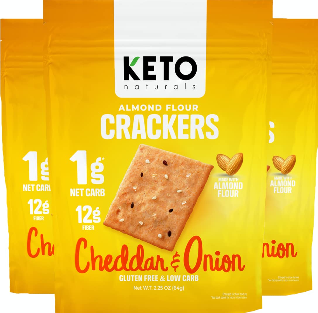 Keto Crackers Low Carb Crackers (Cheddar And Onion) Keto Friendly Snack Crackers Almost Zero Carb No Sugar (3 Pack) Almond Flour Crackers Healthy Snack Absolutely Gluten Free Crackers Paleo Snack Friendly