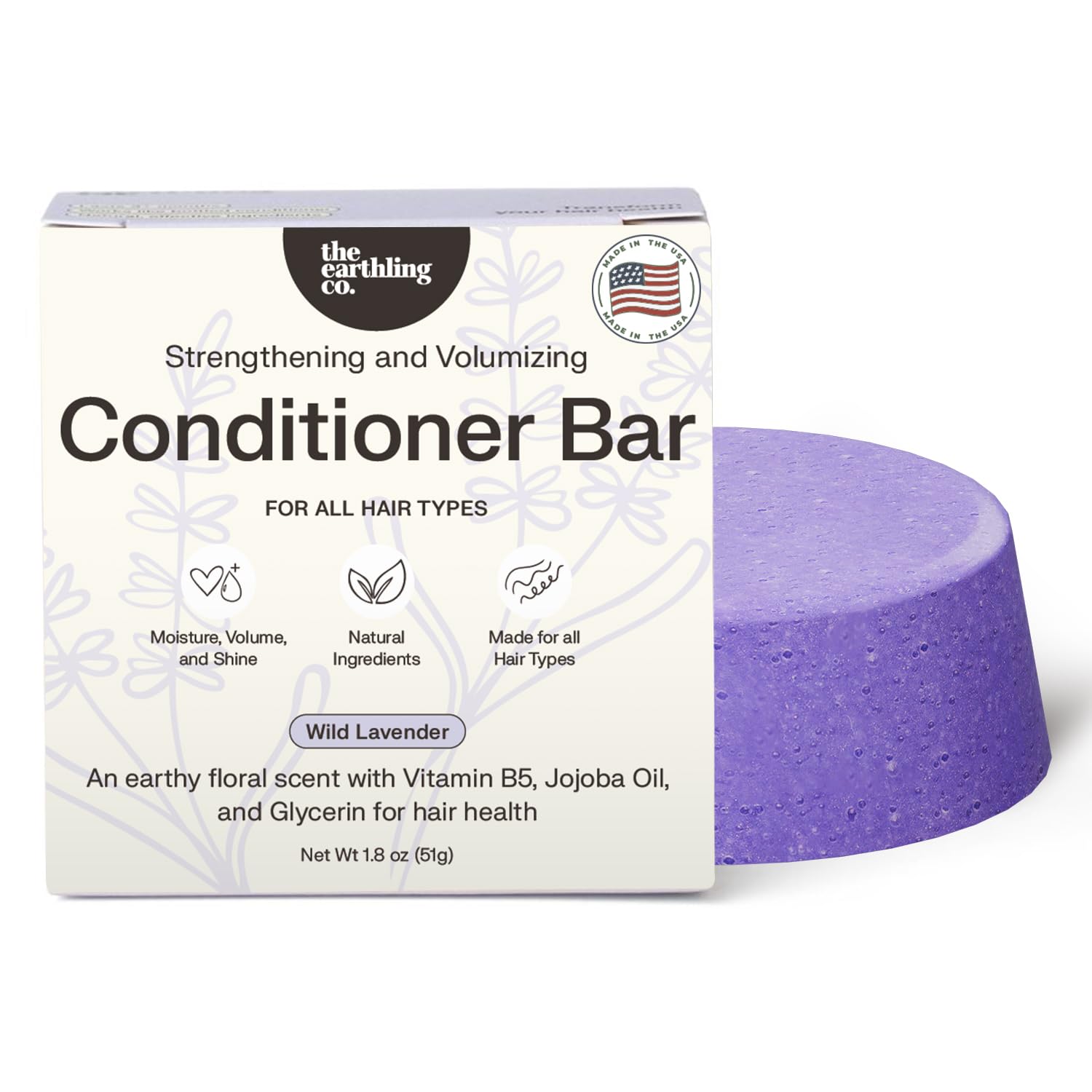 The Earthling Co. Conditioner Bar - Promote Hair Growth, Strengthen & Moisturize All Hair Types - Paraben & Sulfate Free Formula With Natural Ingredients For Dry Hair (Wild Lavender, 1.8 Oz)