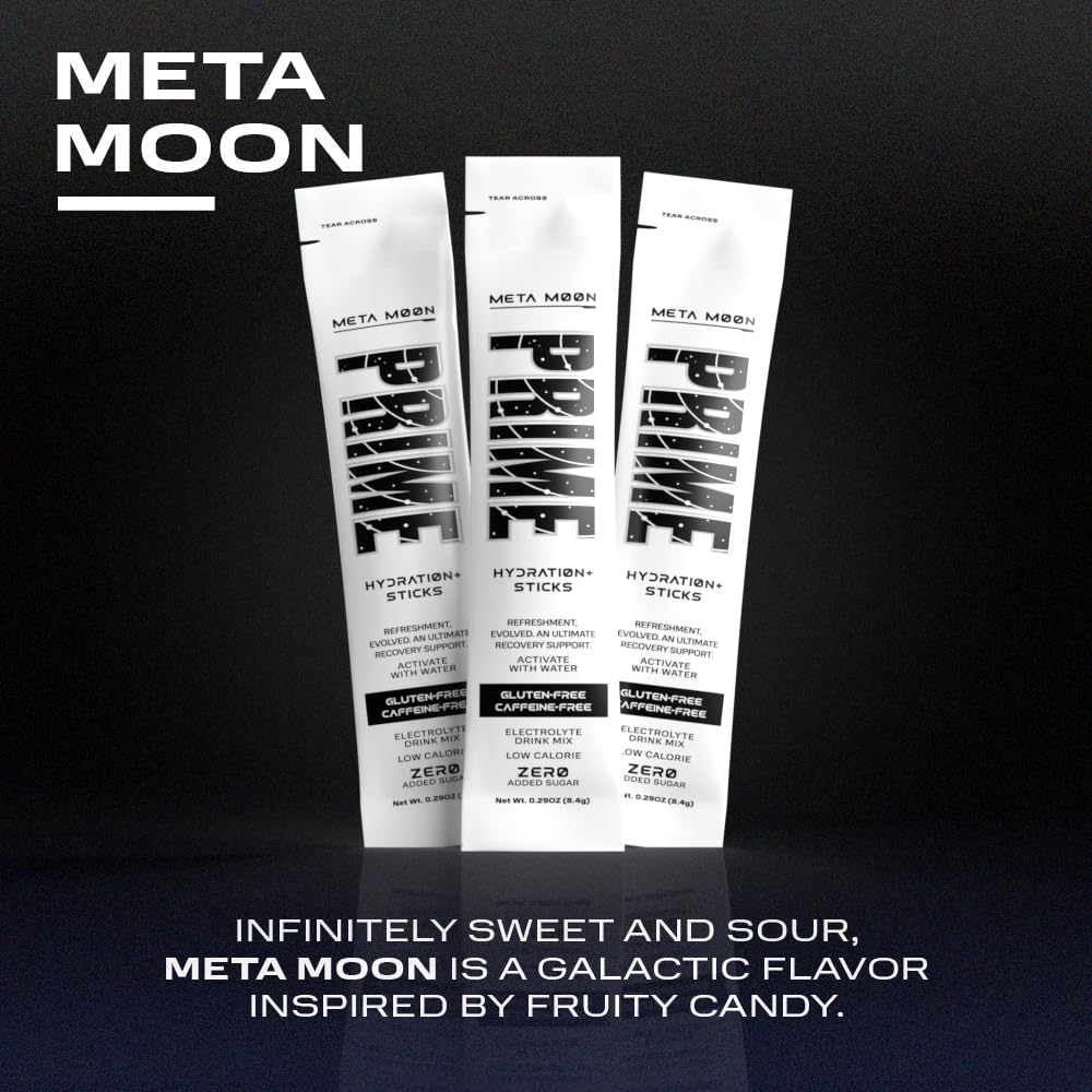 Prime Hydration+ Sticks Meta Moon | Hydration Powder Single Serve Sticks | Electrolyte Powder On The Go | 250Mg Bcaas, B Vitamins, Antioxidants | Low Sugar | Caffeine-Free | Vegan | 48 Sticks
