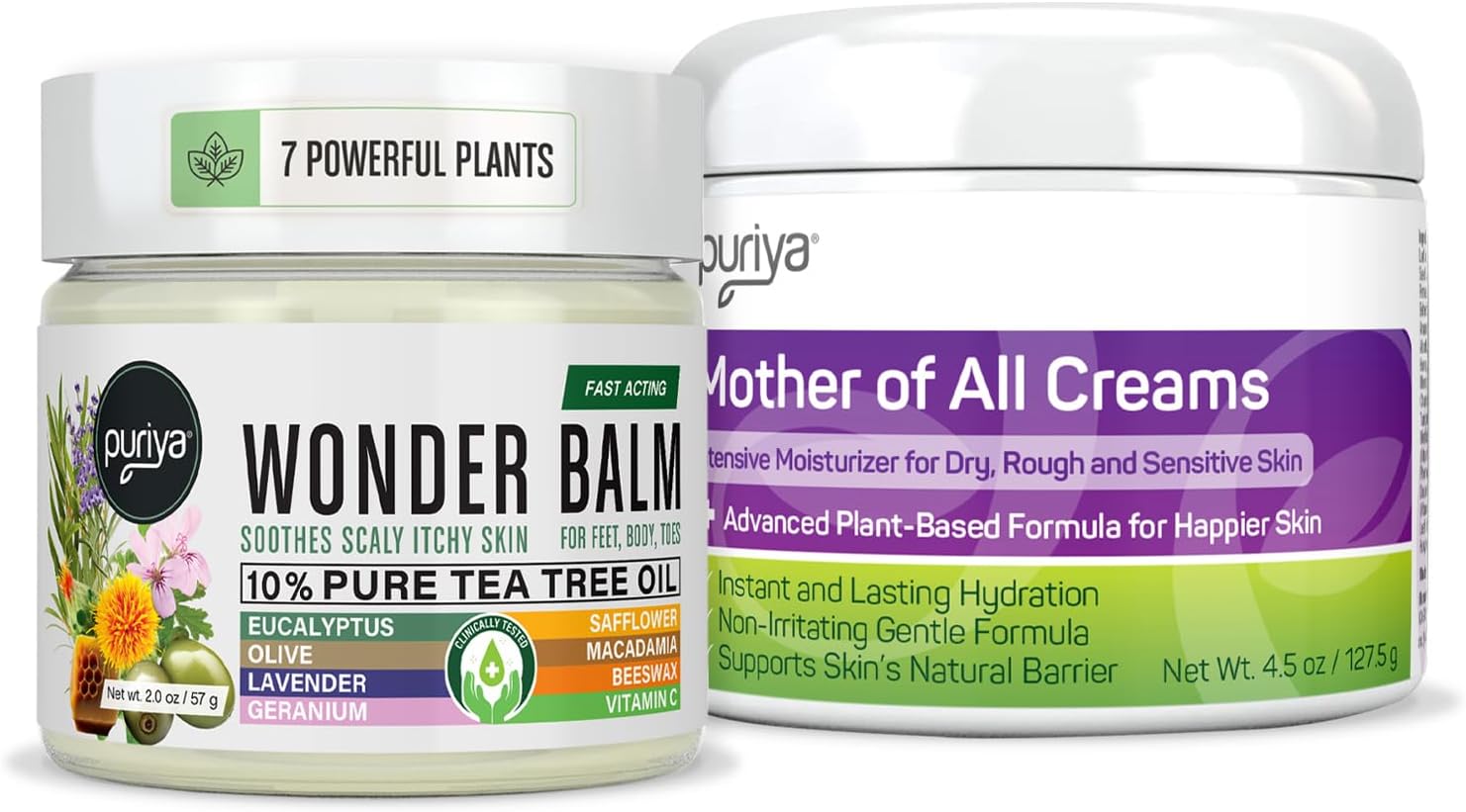 Puriya Tea Tree Oil Balm And Mother Of All Creams With Light Peppermint Scent Bundle Set, Plant Rich Wonder Balm, Moisturizing Cream For Dry, Itchy, And Sensitive Skin