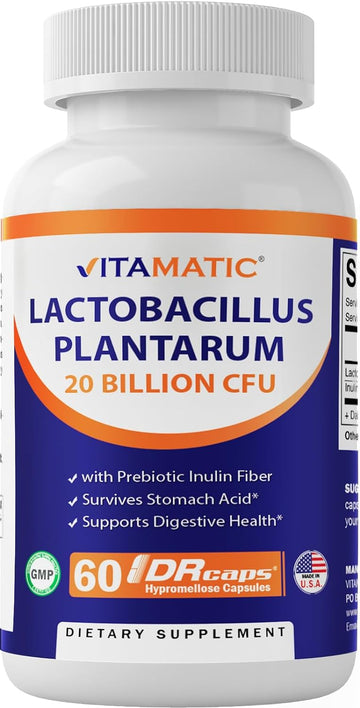 Vitamatic Lactobacillus Plantarum - 20 Billion per DR Capsule - 60 Count - Digestive Support - Made with Prebiotic Inulin Fiber