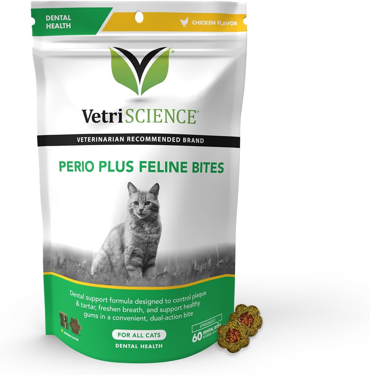 Vetriscience Perio Plus Cat Teeth Cleaning Bites - Advanced Cat Breath Freshener - Dual Action Cat Dental Care Formula For Plaque Control & Fresh Breath, 60 Chews, Chicken Flavor
