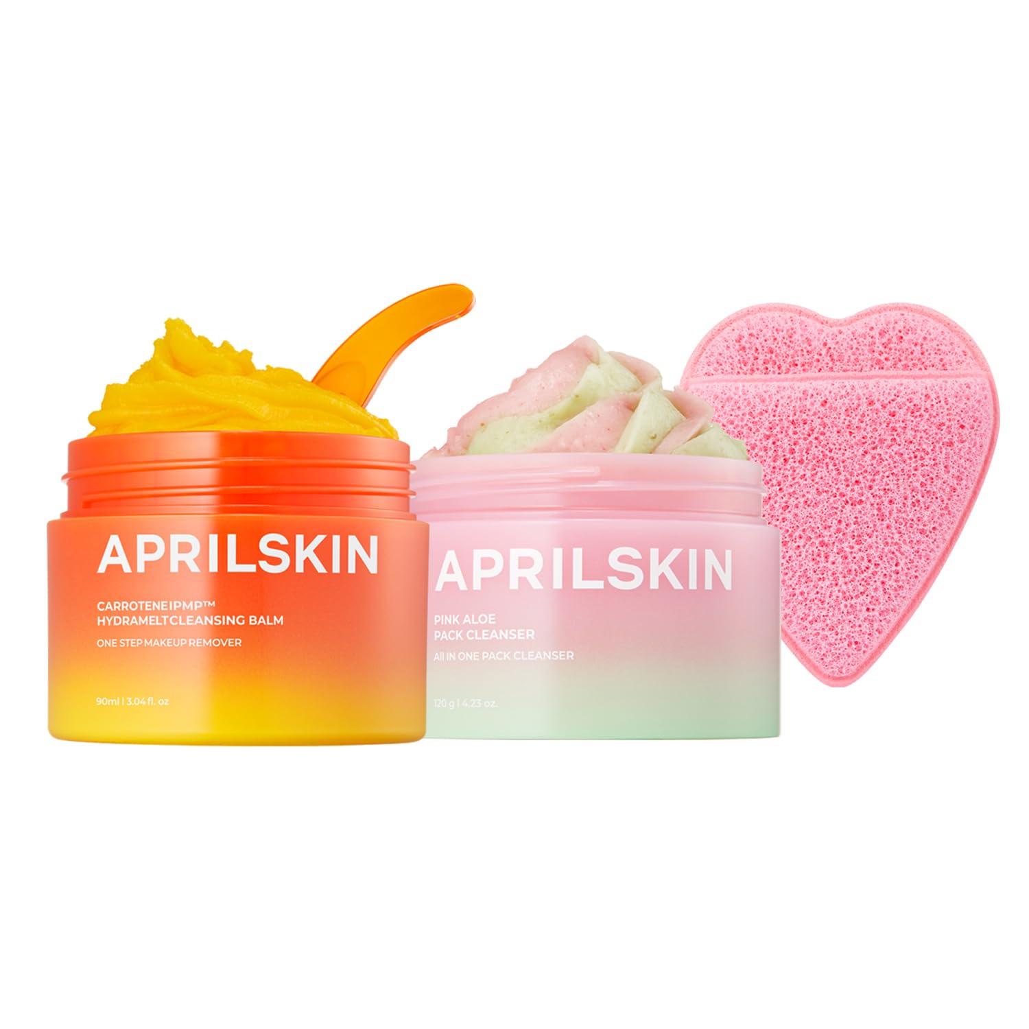 Aprilskin Double Cleansing Duo With Heart Puff: Pink Aloe Facial Polish Cleanser, Carrotene Ipmp Hydromelt Cleansing Balm & Heart-Shaped Puff