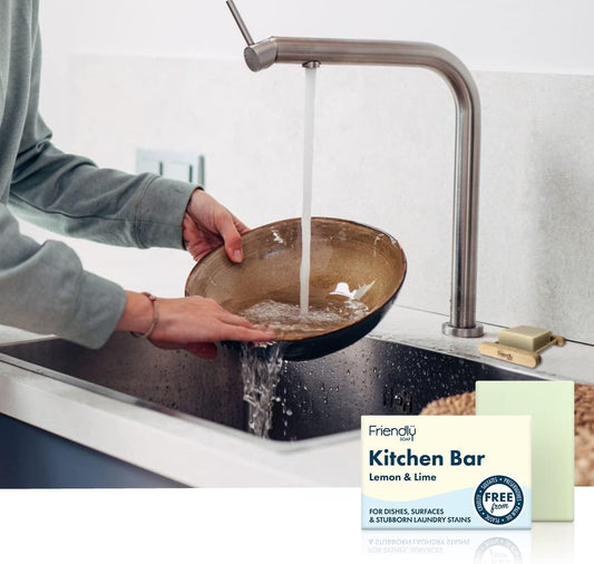 Friendly Soap - Lemon & Lime Kitchen Bar (95G), For Dishes, Surfaces & Stubborn Laundry Stains, Cruelty Free, No Palm Oil, No Preservatives, No Sulphates, Handmade In The Uk, Vegan