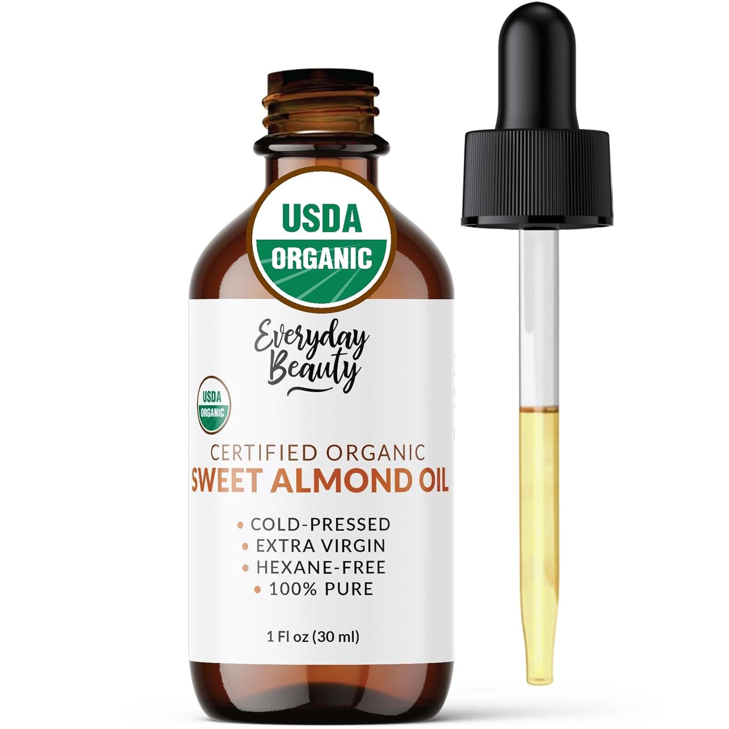 Organic Sweet Almond Oil | 100% Pure, Cold-Pressed, Unrefined | Usda Certified Organic | Amber Glass Bottle With Glass Dropper | For Face, Skin & Hair - 1 Fl Oz