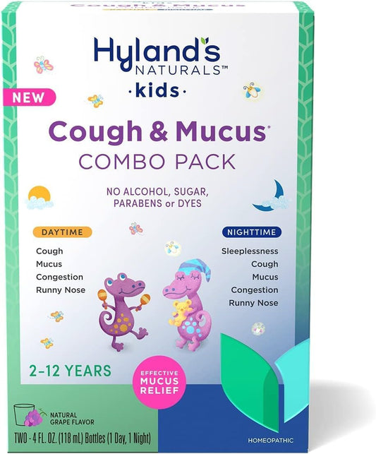 Bundle of Hyland’s Naturals Kids Cough & Mucus Day & Night Combo Pack, Syrup Cough Medicine for Ages 2-12, Grape + Sleep, Calm + Immunity, with Melatonin, Chamomile & Elderberry, 60 Vegan Gummies