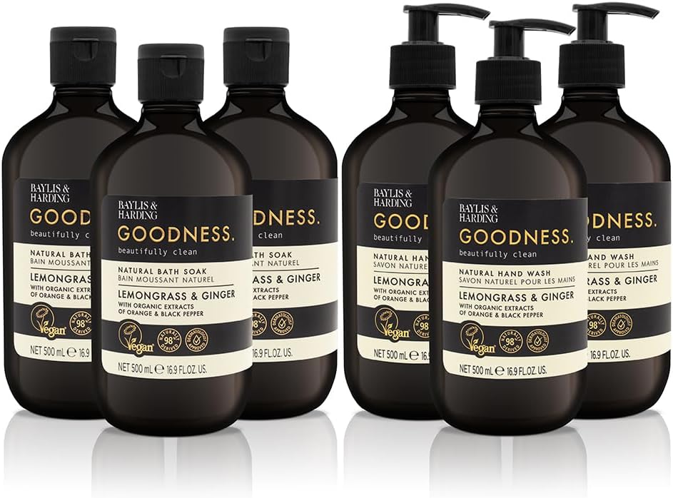 Baylis & Harding Goodness Lemongrass & Ginger Toiletries Bundle: 3 X 500 Ml Hand Wash & 3 X 500 Ml Bath Soak (6 Bottles) - Vegan Friendly