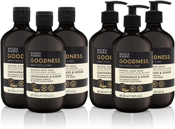 Baylis & Harding Goodness Lemongrass & Ginger Toiletries Bundle: 3 X 500 Ml Hand Wash & 3 X 500 Ml Bath Soak (6 Bottles) - Vegan Friendly