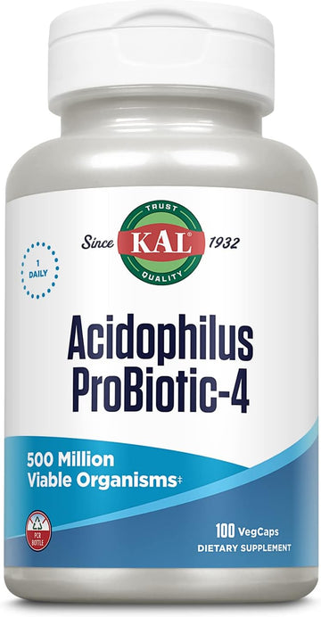 Kal Acidophilus Probiotic-4, 500 Million Cfus, Four Probiotic Strains, Probiotics For Women And Men, Freeze Dried, L. Acidophilus, L. Bulgaricus, S. Thermophilus, B. Bifidum, 100 Servings, 100 Vegcaps