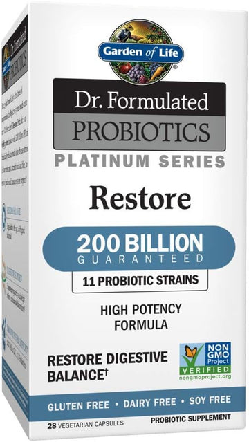 Garden Of Life Dr. Formulated Probiotics Platinum Series Restore 200 Billion Cfu High Potency Formula, Vegan, Non-Gmo, Gluten, Dairy & Soy Free Digestive Immune Probiotic Support, 28 Capsules
