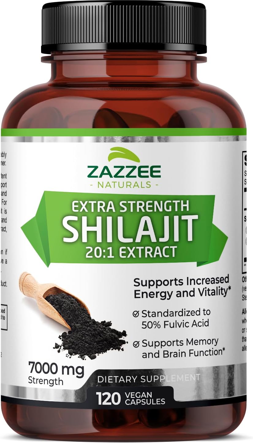 Zazzee 100% Pure Organic Himalayan Shilajit 20:1 Extract, 7000 Mg Strength Per Capsule, 50% Fulvic Acid, 120 Servings Per Bottle, 20X Potency, Rich In Trace Minerals, Non-Gmo, Vegan, Made In The Usa