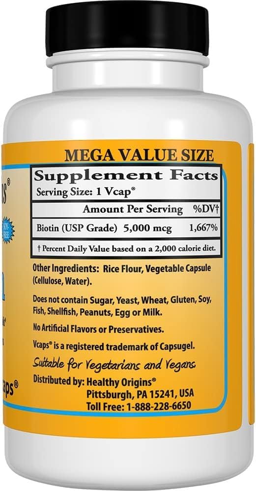 Healthy Origins Ultra-Potency Biotin (B7), 5,000 mcg - Supports Skin, Hair & Nails - High-Grade Vitamin B7 - Non-GMO, Gluten-Free Biotin for Vegans - 360 Veggie Capsules