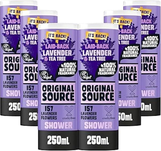 Original Source Lavender Shower Gel, 100 Percent Natural Fragrance, Vegan, Cruelty Free, Paraben Free, Bulk Buy, Pack Of 6 X 250 Ml