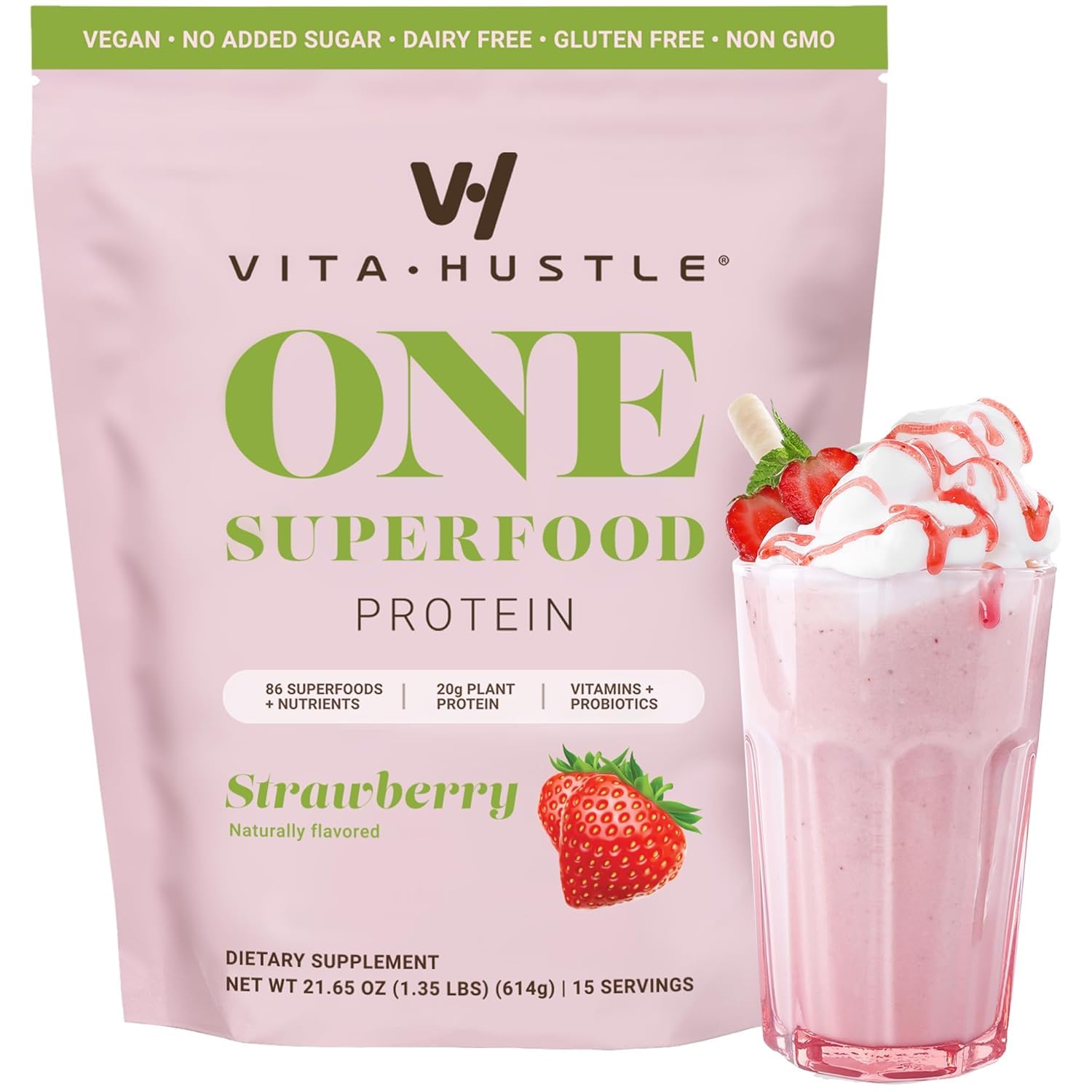 Vitahustle One - Superfood Meal Replacement Shake, Plant Based Protein Powder, Vegan. 86 Superfoods, Vitamins, & Minerals, Ashwagandha, Adaptogens. Founded By Kevin Hart. (Strawberry) 15 Servings