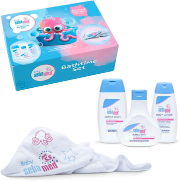 Sebamed Baby Bath Time Set | Includes Gentle Wash, Bubble Bath, Body Lotion And Hooded Towel In Colourful Gift Box