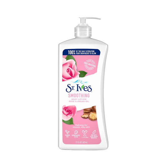 St. Ives Smoothing Hand & Body Lotion For Women With Pump, Daily Moisturizer Rose And Argan Oil For Dry Skin, Made With 100% Natural Moisturizers, 21 Fl Oz, 4 Pack