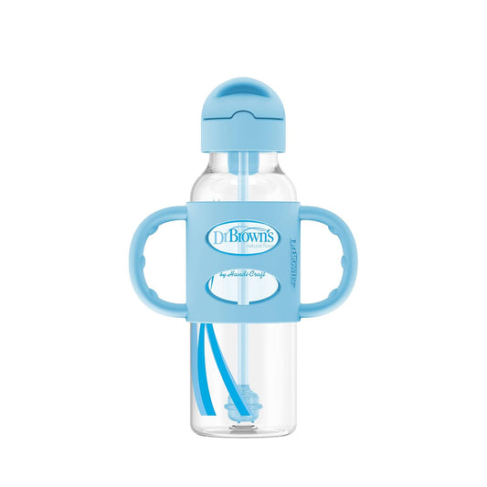 Dr. Brown'S Milestones Narrow Sippy Straw Bottle, Spill-Proof With 100% Silicone Handles And Weighted Straw, 8 Oz/250 Ml, Blue, 6M+