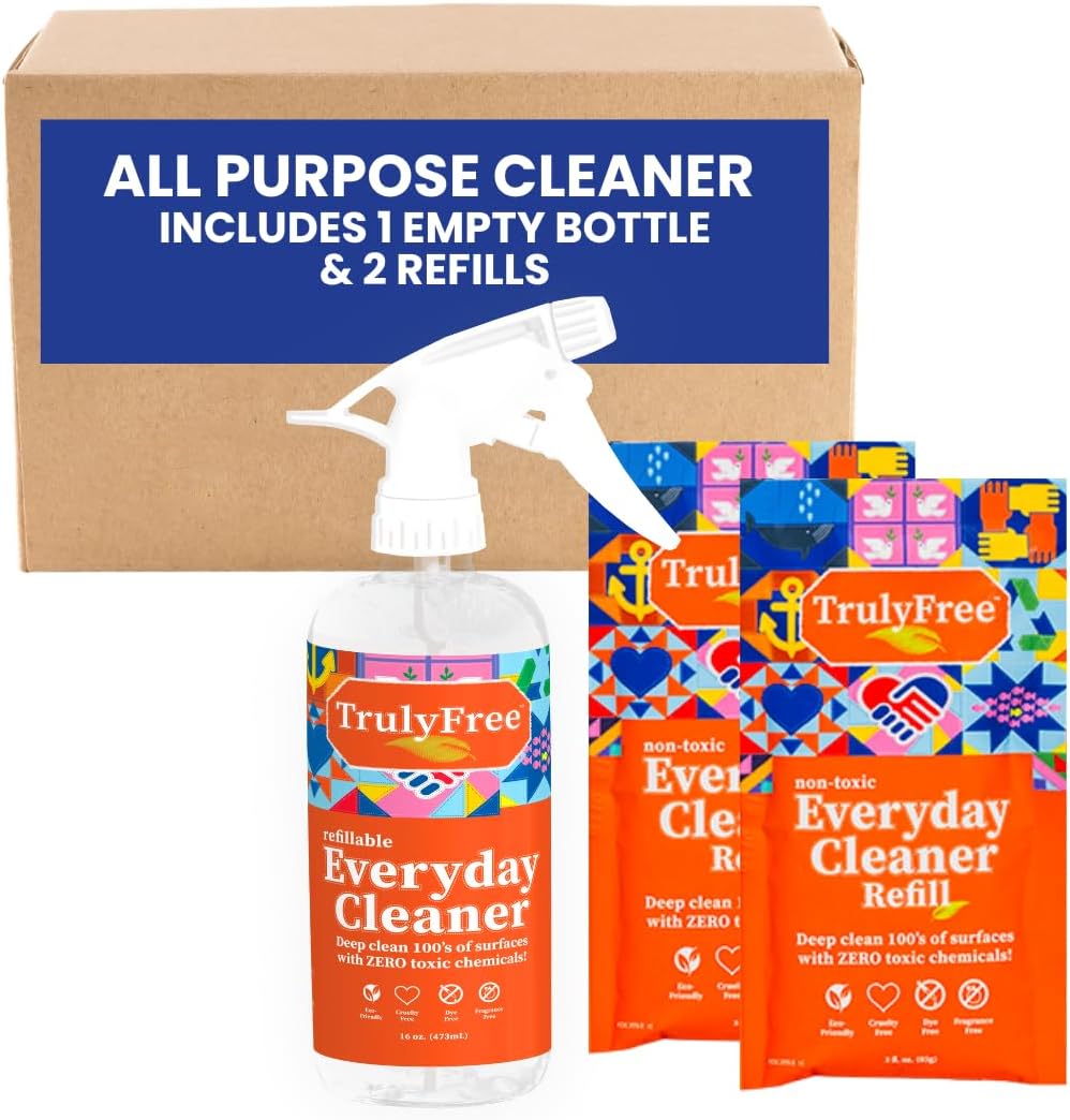 Truly Free Everyday Cleaner - All Purpose Natural Cleaner Spray, Household Cleaning Supplies - 16Oz Empty Spray Bottle, 2 Refills (3 Oz Each)