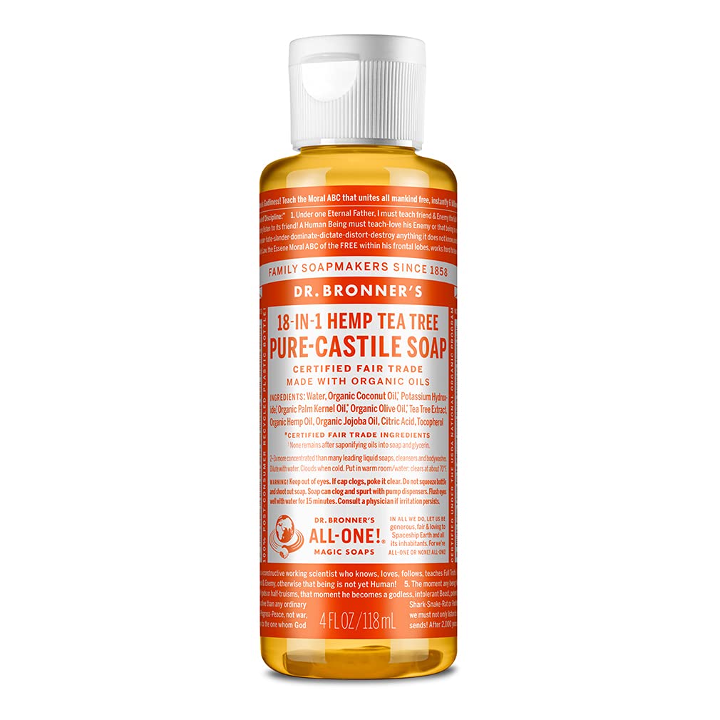 Dr. Bronner'S - Pure-Castile Liquid Soap (Tea Tree, 4 Ounce) - Made With Organic Oils, 18-In-1 Uses: Acne-Prone Skin, Dandruff, Laundry, Pets And Dishes, Concentrated, Vegan, Non-Gmo