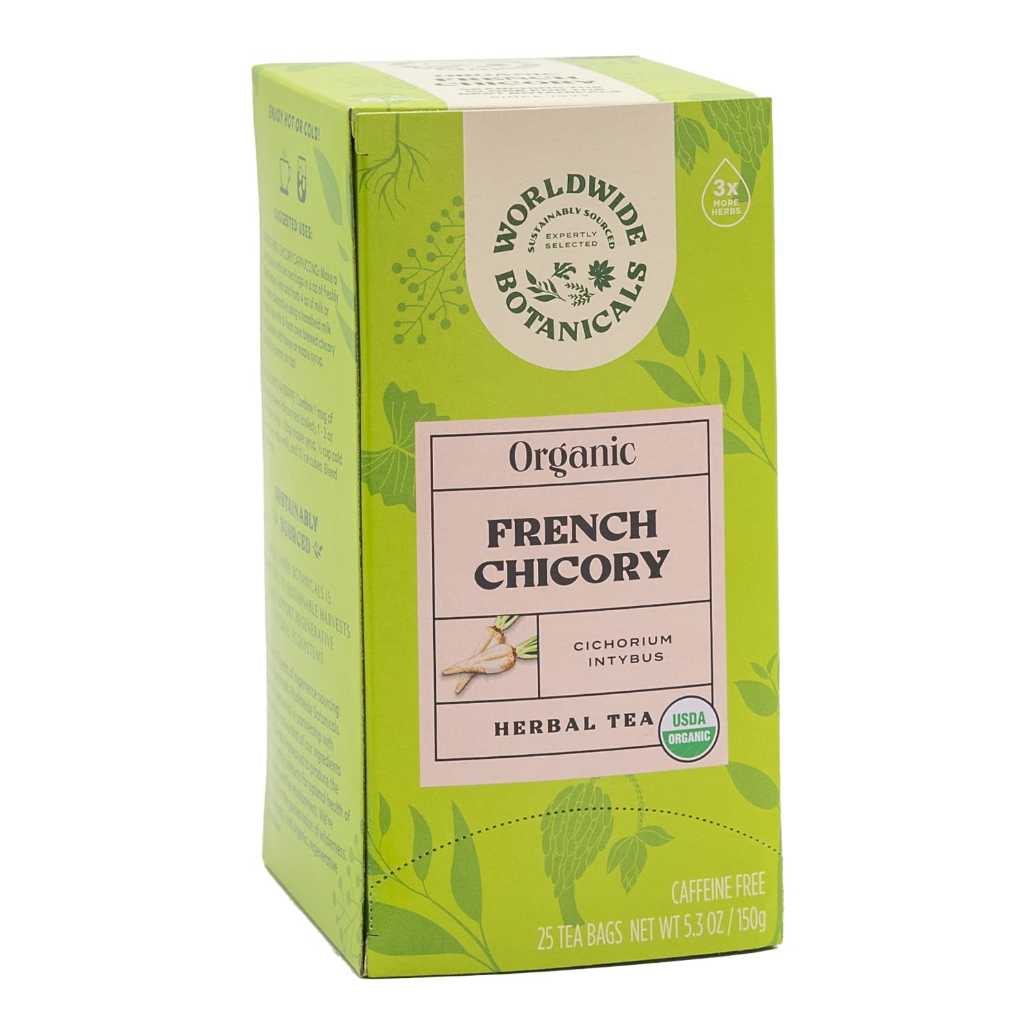 Worldwide Botanicals Organic French Chicory Root Tea, 25 Tea Bags - 3X Herbs With 6G Per Teabag - Prebiotic, Roasted - Acid Free, Caffeine Free, Kosher