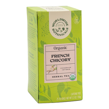 Worldwide Botanicals Organic French Chicory Root Tea, 25 Tea Bags - 3X Herbs With 6G Per Teabag - Prebiotic, Roasted - Acid Free, Caffeine Free, Kosher