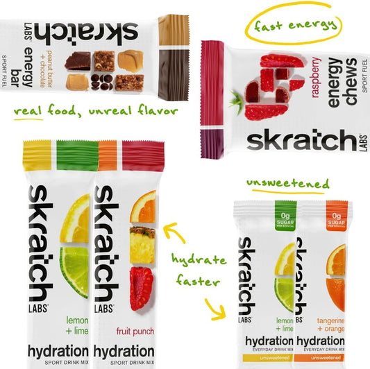 Skratch Labs Sample Pack, Sport Hydration Drink Mix, Sport Energy Chews, Sport Recovery Drink Mix, Anytime Energy Bar, Low Sugar, Gluten Free - Trial Pack