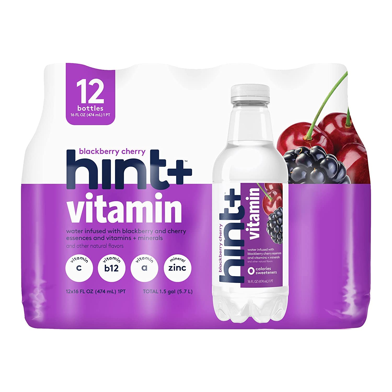 Hint+ Vitamin Blackberry Cherry, Water Infused With Blackberry & Cherry, Vitamin Boost, 50% Daily Value Vitamin C, A, B12, Zinc, Zero Sugar, Zero Calories, Zero Diet Sweeteners, 16 Fl Oz (Pack Of 12)