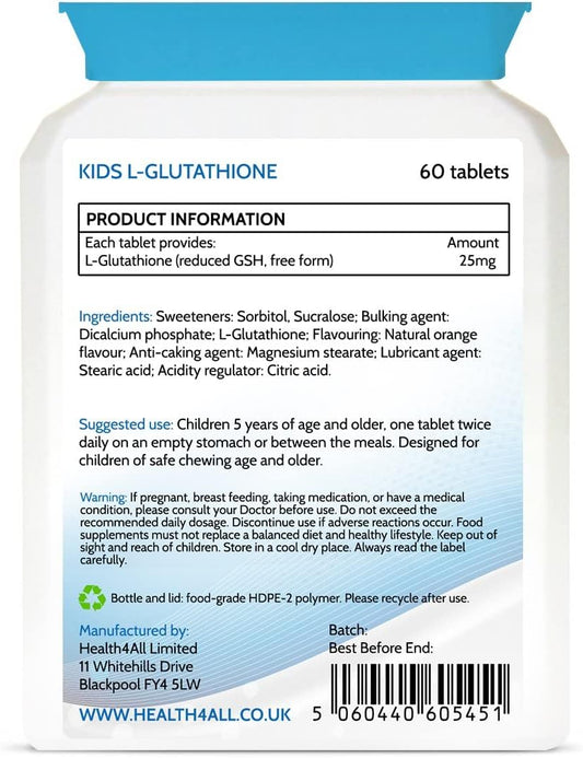 Health4All Kids L-Glutathione 25Mg Chewable 60 Tablets Reduced Glutathione (Gsh) Antioxidant For Children