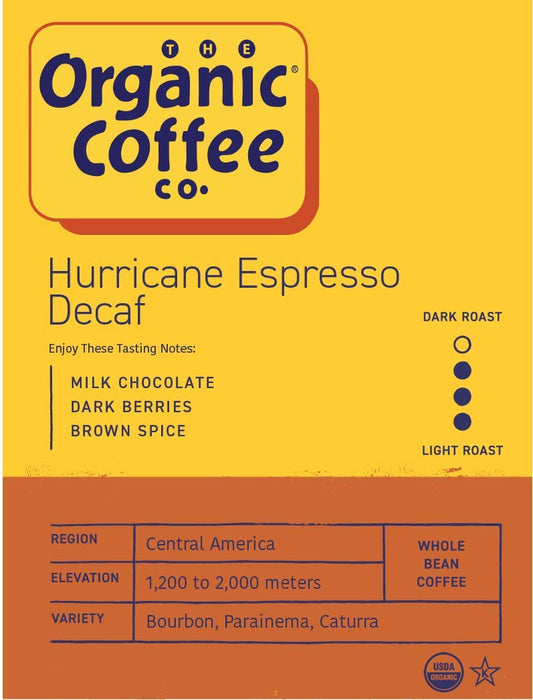 The Organic Coffee Co. Whole Bean Coffee - DECAF Hurricane Espresso Roast (2lb Bag), Medium Dark Roast, Swiss Water Processed, USDA Organic