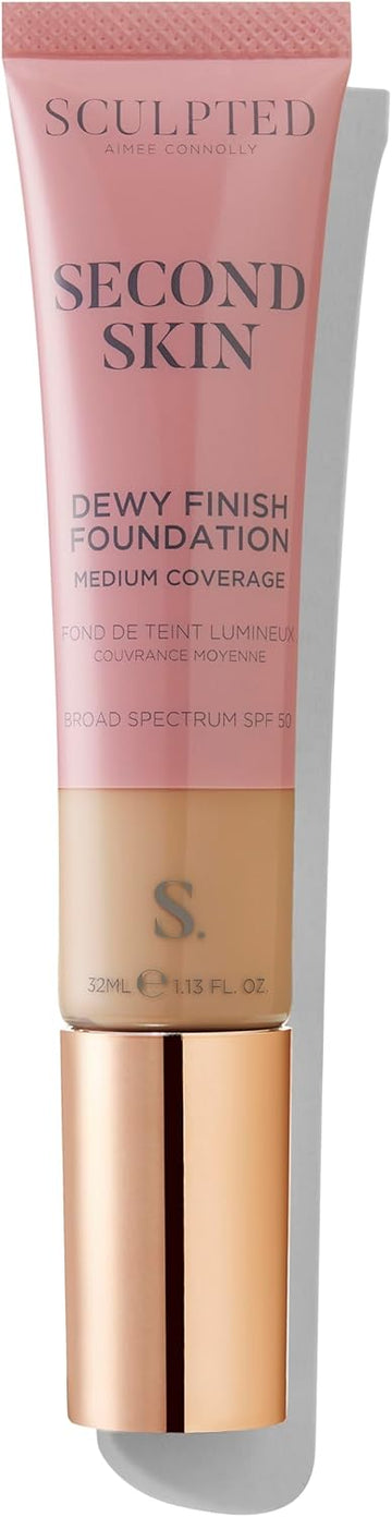 Second Skin Dewy Liquid Face Foundation From Sculpted By Aimee - 32Ml Buildable, Medium Coverage Foundation With Dewy Finish, Hyaluronic Acid, Collagen Boosting Formula, Spf 50, (Ebony 8.0)