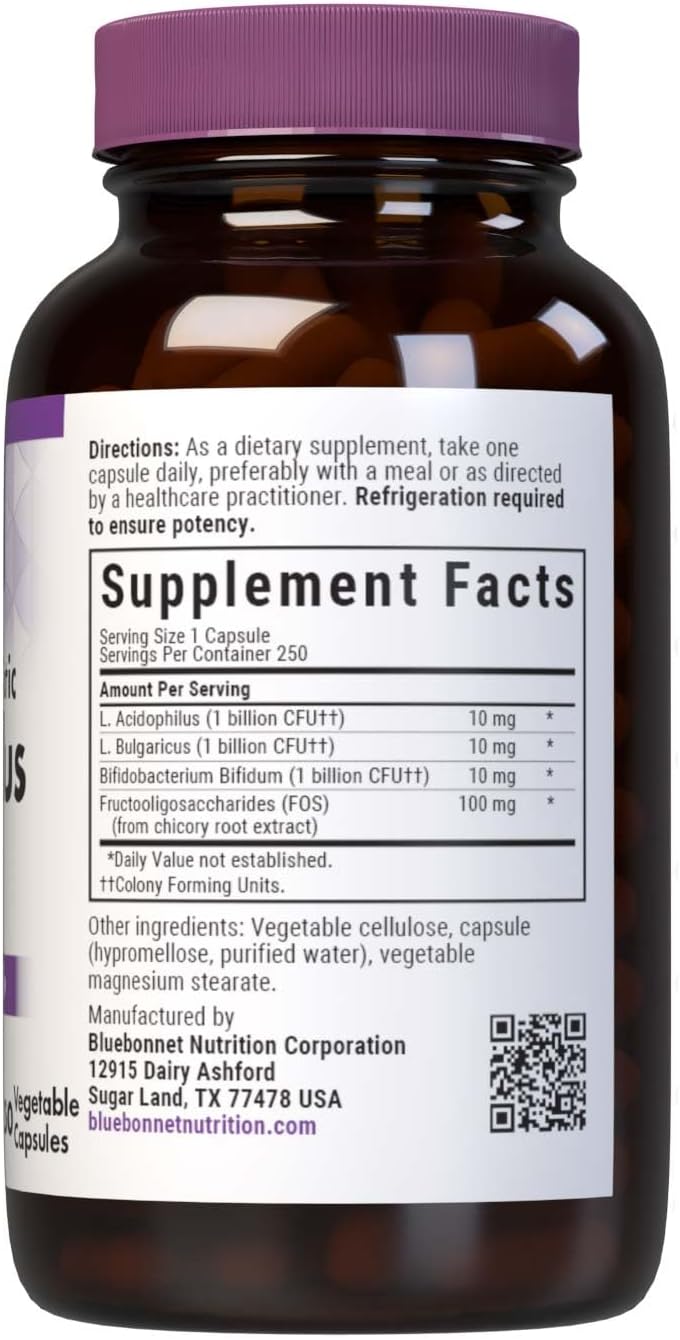 Bluebonnet Nutrition Milk-Free Probiotic Acidophilus & Fos, Digestive Health*, Immune Health*, Gluten-Free, Soy-Free, Dairy-Free, 250 Vegetable Capsules, 250 Servings : Health & Household