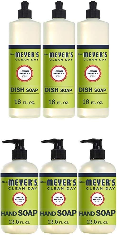 Mrs. Meyer’s Clean Day Liquid Dish Soap, Lemon Verbena, 16 Fl Oz, Pack of 3 and Liquid Hand Soap, Lemon Verbena Scent, 12.5 Fl Oz, Pack of 3 : Health & Household