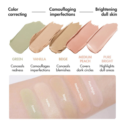 Luna Conceal Blender Palette 02 Pure Cover 5-In-1 Color Correcting And Concealing With Lemon, Lavender Fog, Porcelain, Natural Beige And Soft Pink, Suitable For Cool And Bright Tones