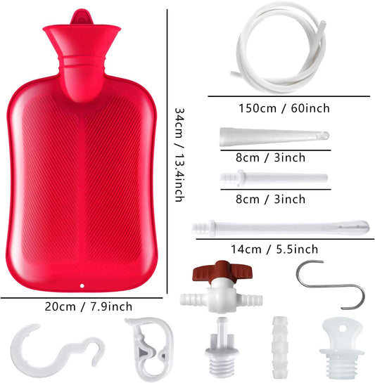 2 L Enema Bag Home Enema Kit with 3 Enema Tips,60 inch Long Silicone Hose, Controlable Water Flow Valve, Hot-Water Bottle for Colon Cleansing Enemas for Women/Men?Red?