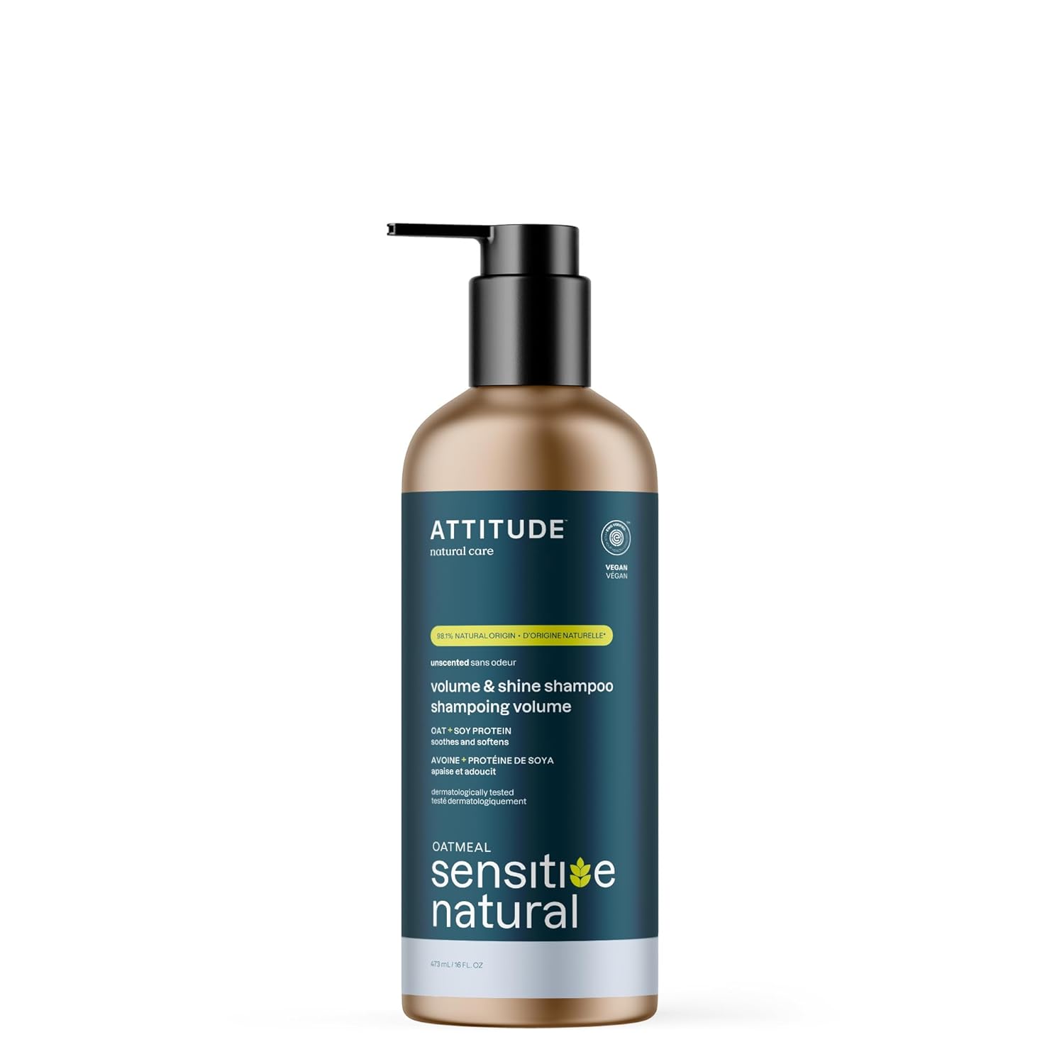 ATTITUDE Volume and Shine Hair Shampoo for Sensitive Dry Scalp, EWG Verified, Soothing Oat, Thin Hair, Naturally Dervied Ingredients, Vegan Plant-Based, Unscented, Refillable Aluminum Bottle, 16 Fl Oz