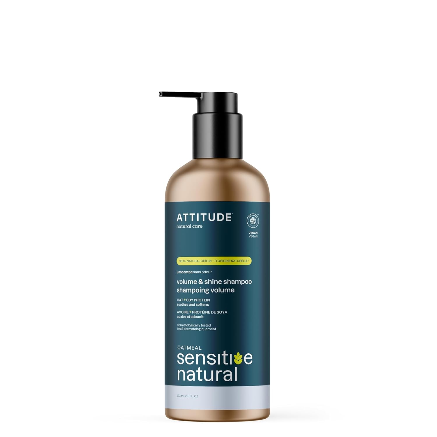 Attitude Volume And Shine Hair Shampoo For Sensitive Dry Scalp, Ewg Verified, Soothing Oat, Thin Hair, Naturally Derived Ingredients, Vegan Plant-Based, Unscented, Refillable Aluminum Bottle, 16 Fl Oz