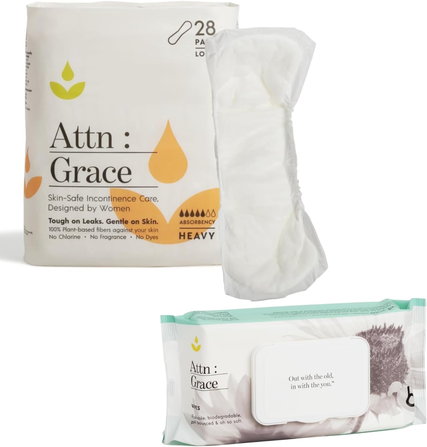 Attn: Grace Heavy Incontinence Pads (28 Pack) & Flushable Wet Wipes Combo For Women - Heavy Absorbency & Wipes With Aloe Vera And Coconut Oil | Postpartum Support, Sensitive Skin-Friendly