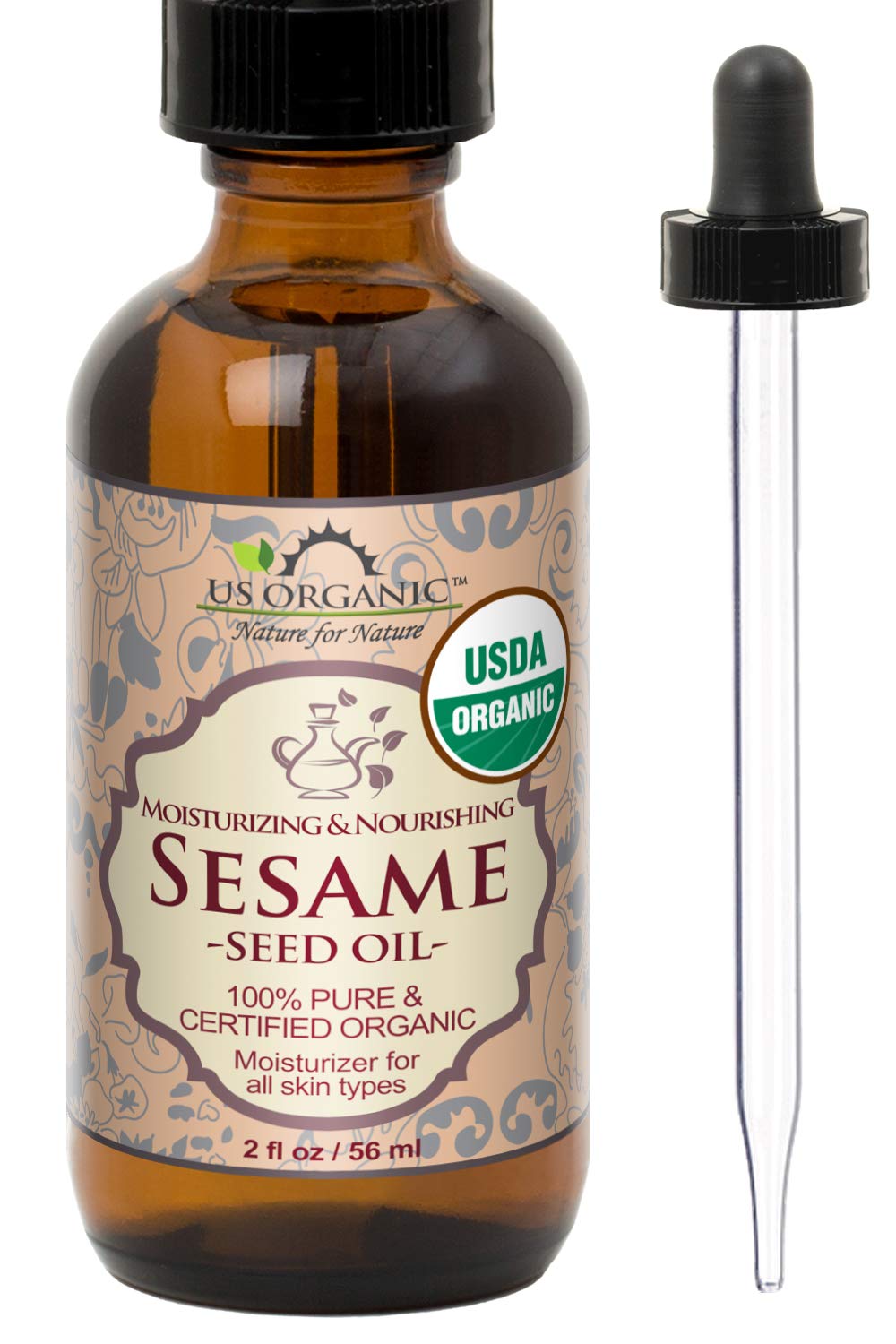 Us Organic Sesame Seed Oil, Certified Organic, Untoasted, Unrefined Virgin, Pure & Natural, Cold Pressed, In Amber Glass Bottle W/Glass Eyedropper, Sourced From Mexico (2 Oz (Small))