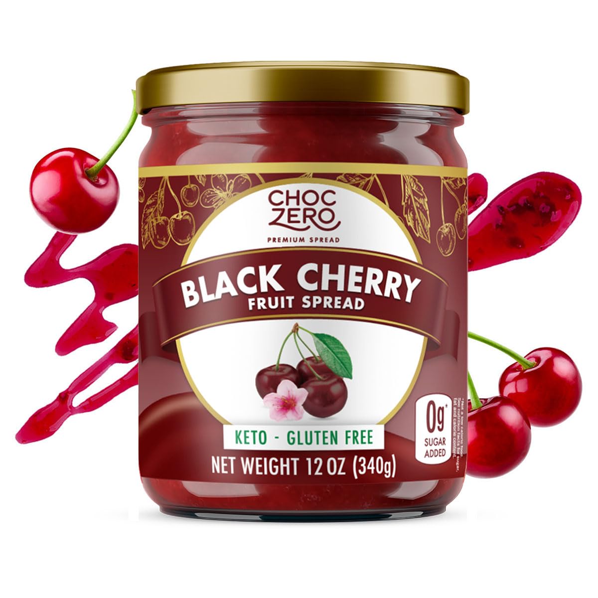 Choczero Keto Black Cherry Jam - No Sugar Added, Low Carb, Keto Friendly, Fruit Spread Alternative, Gluten Free, Naturally Sweetened With Monk Fruit (1 Jar, 12 Oz)