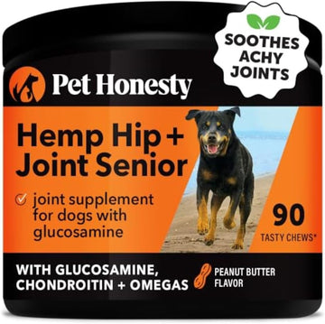 Pet Honesty Senior Hemp Hip & Joint Support, Hemp For Dogs, Mobility Support For Senior Dogs, Hemp Oil & Powder, Glucosamine, Collagen, Msm, Green Lipped Mussel, Helps Discomfort (Peanut Butter, 90)