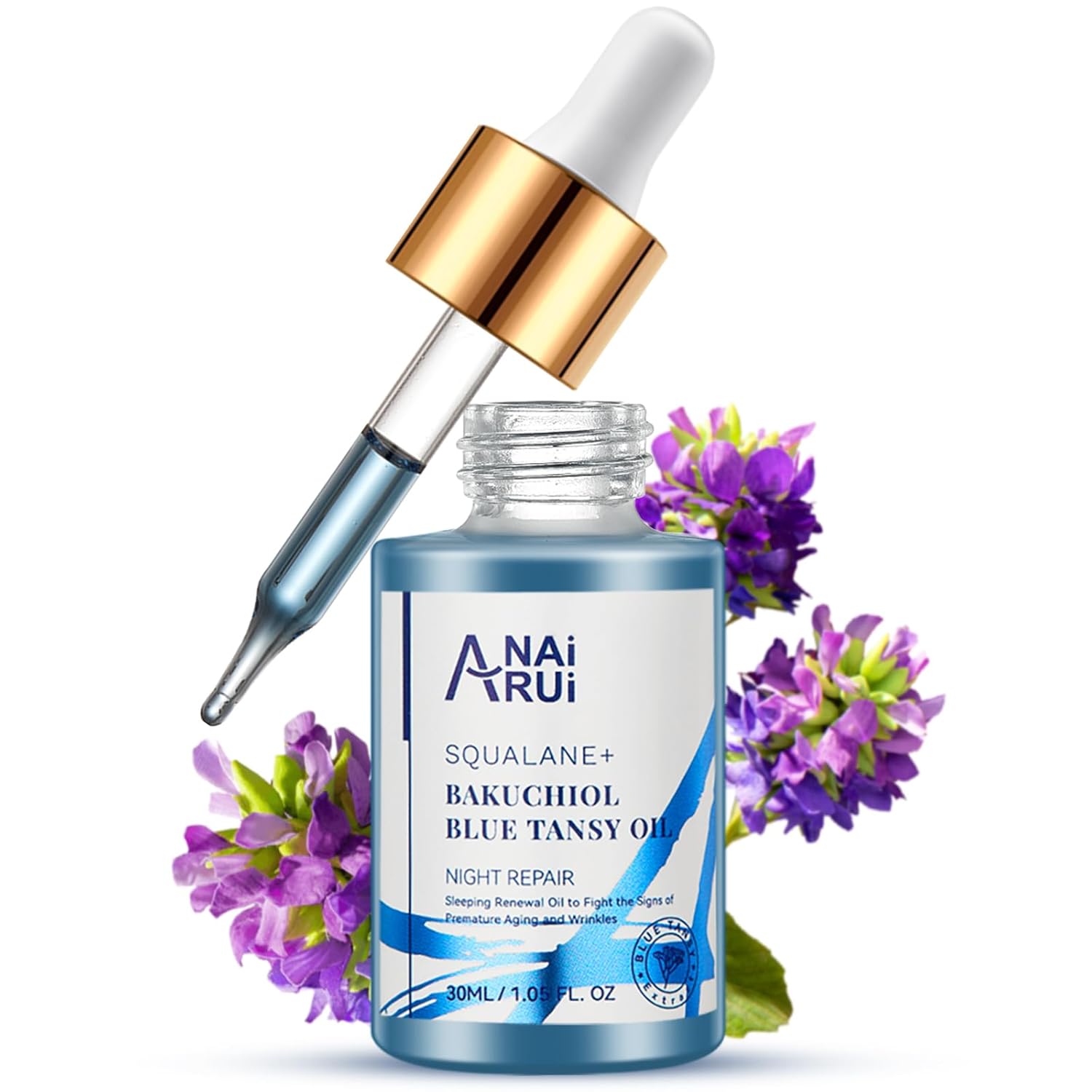Anai Rui Bakuchiol Blue Tansy Night-Repair Facial Oil Natural Retinol Alternative + Squalane Jojoba, For Deep Wrinkles & Fine Lines Soothing,Calm & Soothe Redness,Hydrating, Balancing, 1 Fl.Oz