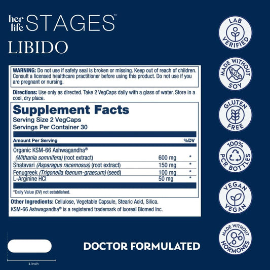 Solaray Libido Her Life Stages - Supports Natural Lubrication And Libido Increase For Women - Shatavari, Fenugreek, Organic Ashwagandha Capsules - Made Without Hormones - 30 Servings, 60 Vegcaps