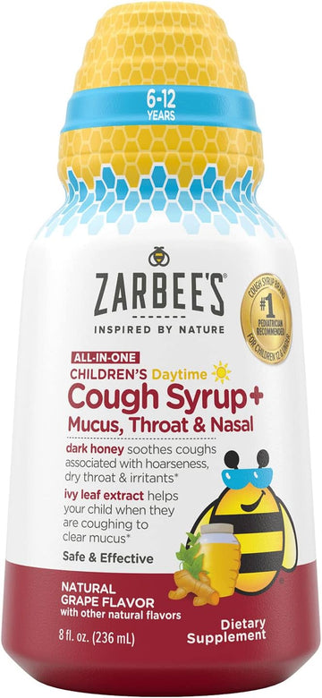 Zarbee'S Kids All-In-One Daytime Cough For Children 6-12 With Dark Honey, Turmeric, B-Vitamins & Zinc, #1 Pediatrician Recommended, Drug & Alcohol-Free, Grape Flavor, 8Fl Oz