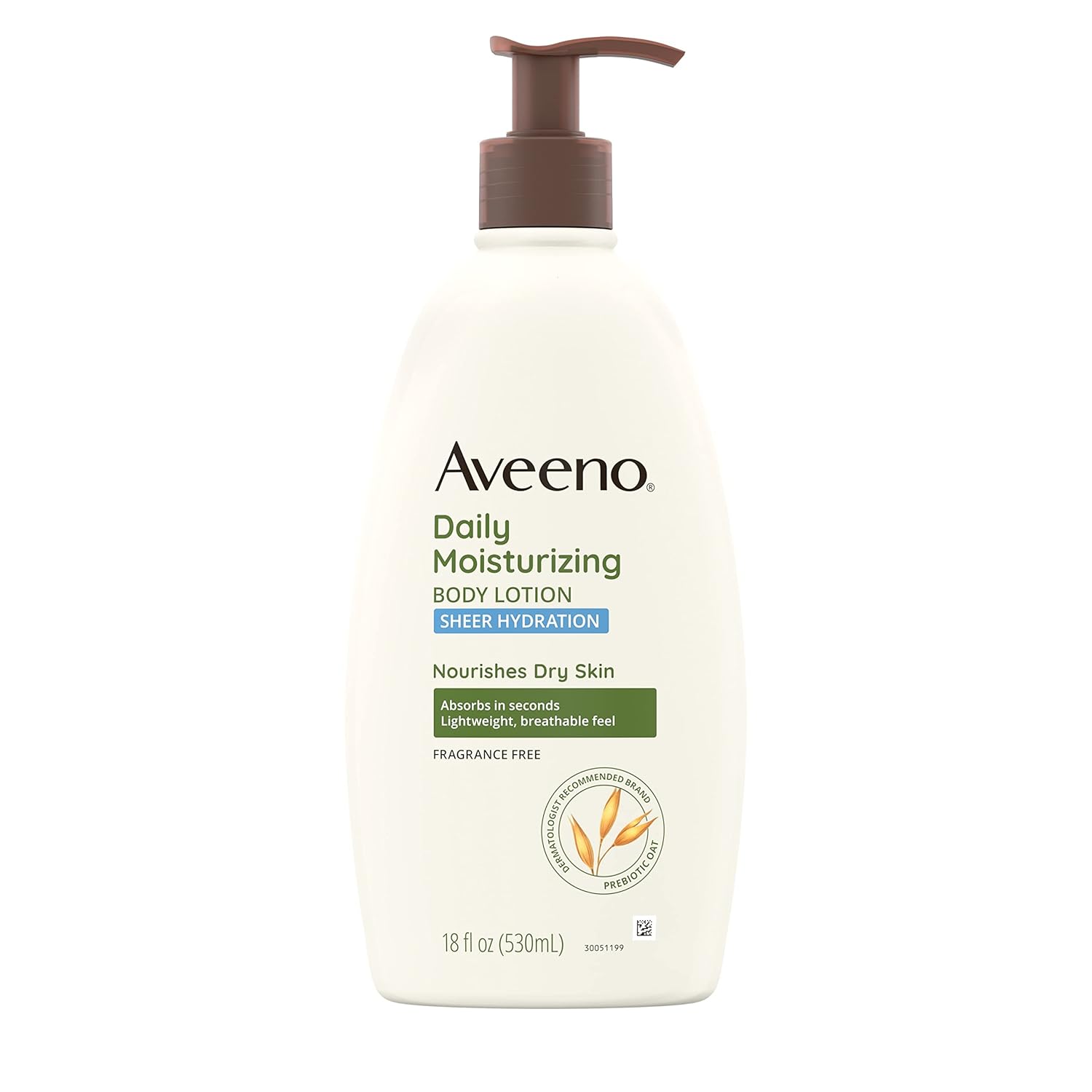 Aveeno Sheer Hydration Daily Moisturizing Fragrance-Free Lotion With Nourishing Prebiotic Oat, Fast-Absorbing Body Moisturizer For Dry Skin With Lightweight, Breathable Feel, 18 Fl. Oz