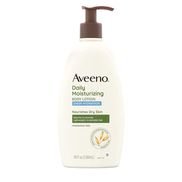 Aveeno Sheer Hydration Daily Moisturizing Fragrance-Free Lotion With Nourishing Prebiotic Oat, Fast-Absorbing Body Moisturizer For Dry Skin With Lightweight, Breathable Feel, 18 Fl. Oz