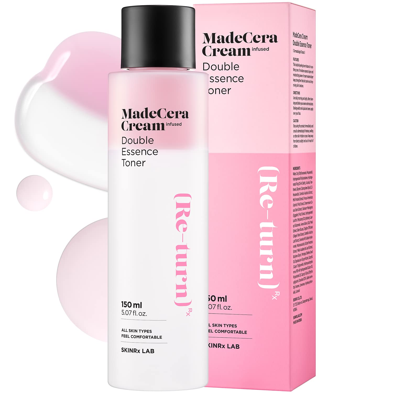 Skinrxlab Madecera Cream Double Essence Korean Toner 150Ml (5.07Fl.Oz.) - Hydrating And Soothing Toner With Milk Protein, Ceramide, Beta-Glucan - Moisturizing Strawberry Milky Toner For Irritated Skin