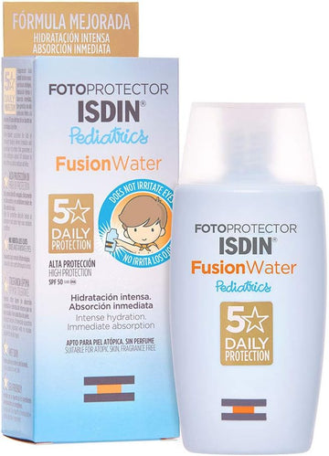 ISDIN Pediatrics Fusion Water SPF 50 50ml | Facial sun cream for kids | Ultra-light texture | Does not sting eyes | Suitable for all skin types