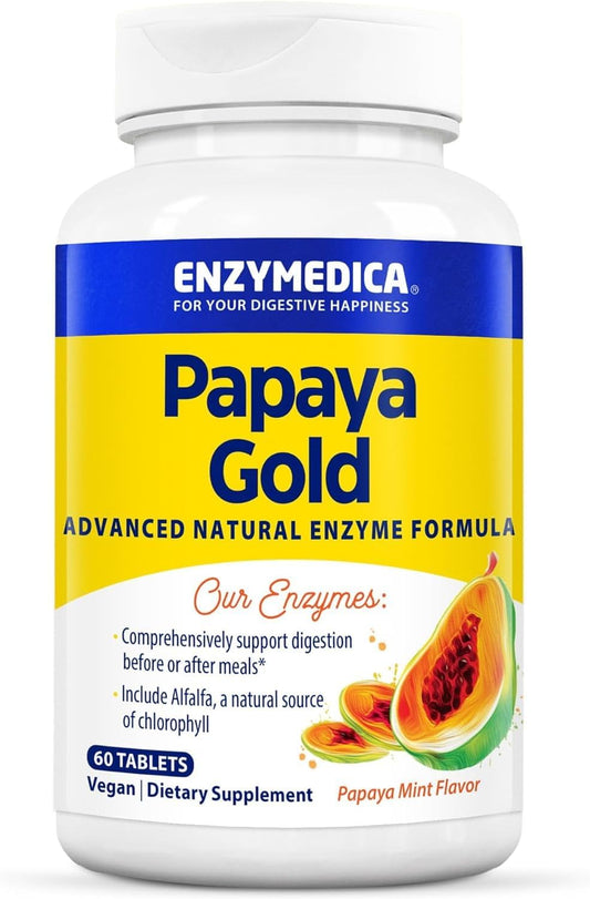 Enzymedica Papaya Gold, Advanced Digestive Enzymes With Natural Organic Papaya & Chlorophyll For Comprehensive Digestion Support, High Potency Bromelain & Papain, Vegan, Mint, 60 Chewable Tablets : Health & Household