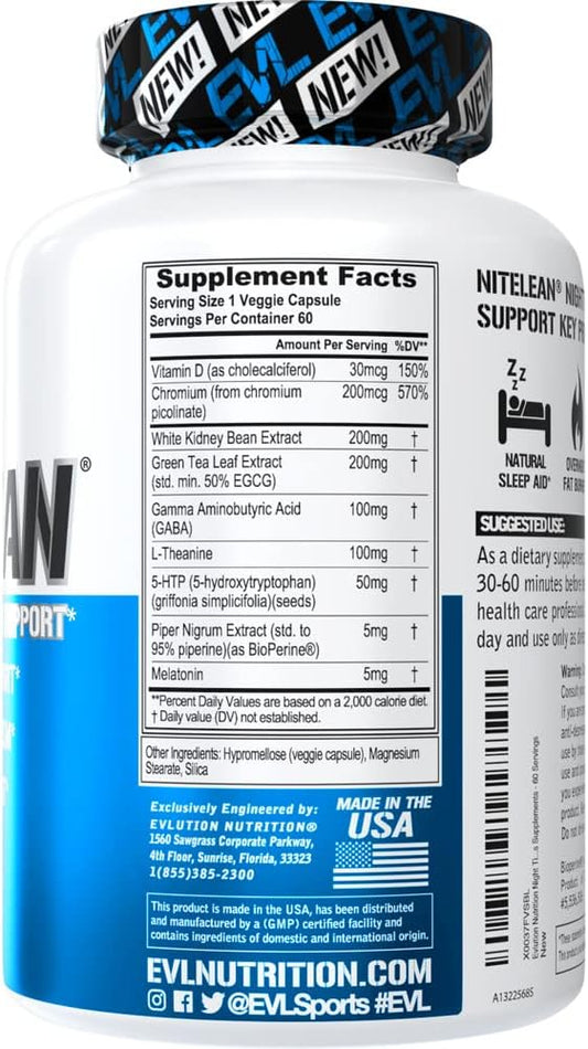 Evlution Nutrition Night Time Fat Burner Support - Overnight Sleep and Weight Loss Support Pills with Thermogenic Green Tea and White Kidney Bean Extract - Diet Pills That Support Stubborn Fat Loss